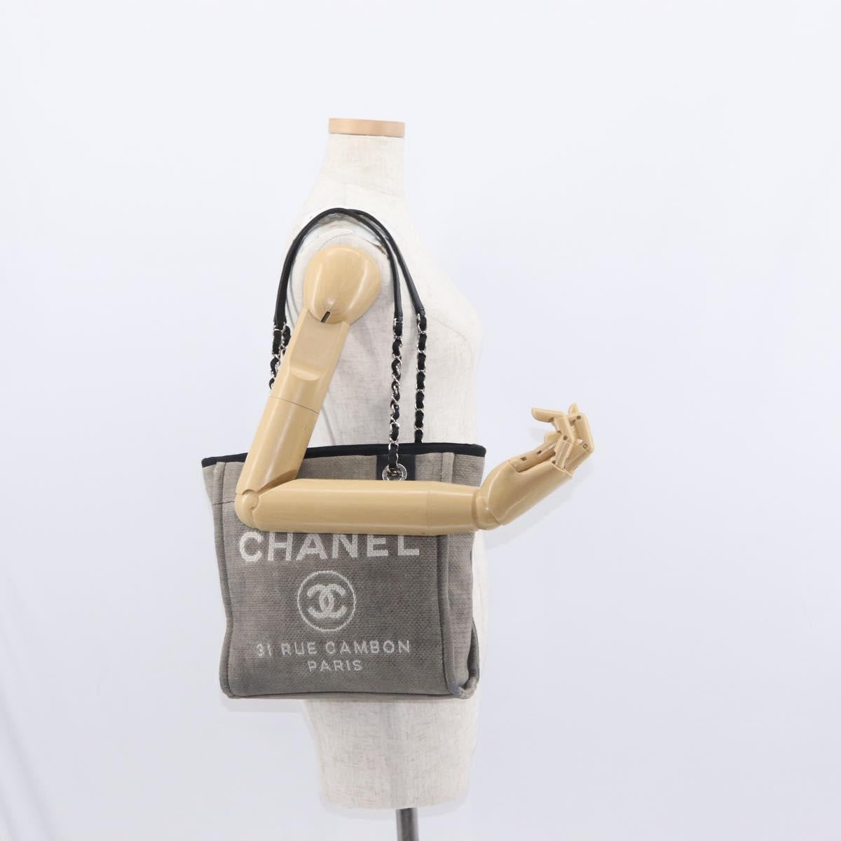 CHANEL Deauville line Chain Tote Bag Canvas Gray Silver CC Auth bs31505
