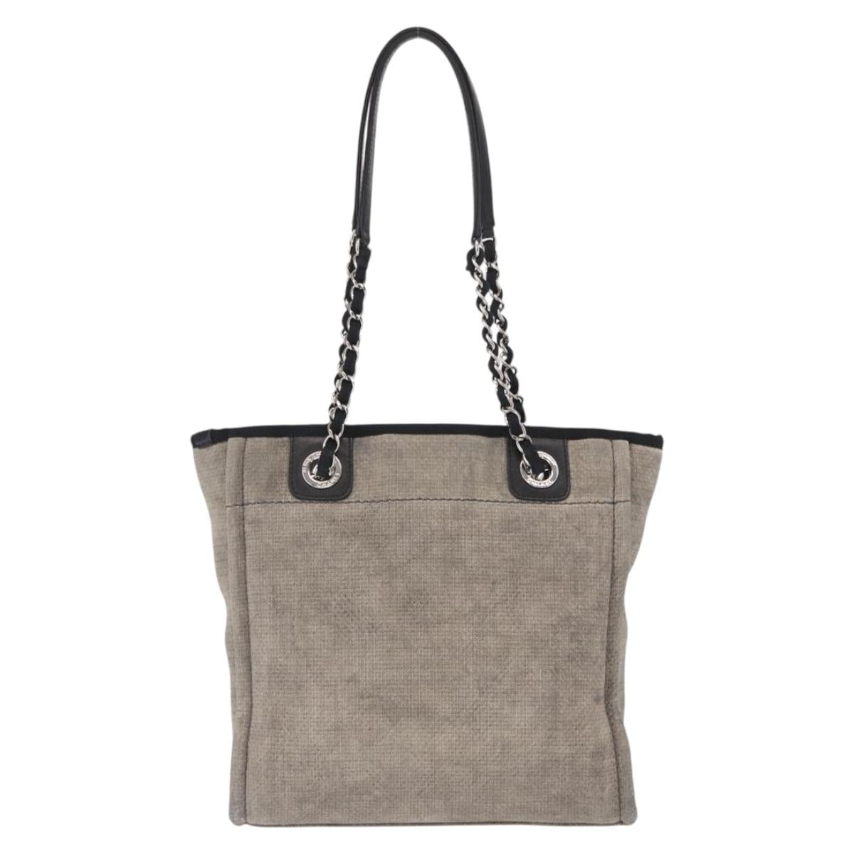 CHANEL Deauville line Chain Tote Bag Canvas Gray Silver CC Auth bs31505