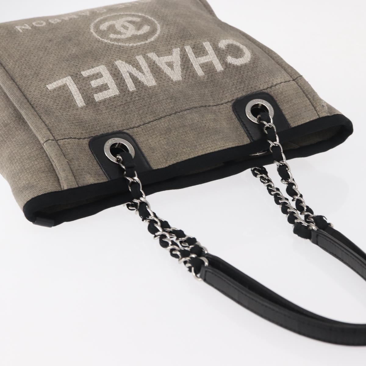 CHANEL Deauville line Chain Tote Bag Canvas Gray Silver CC Auth bs31505