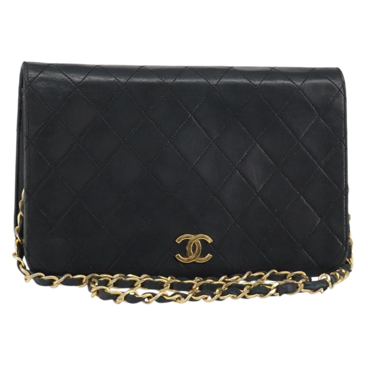 CHANEL Matelasse Chain Shoulder Bag Lamb Skin Black Gold CC Auth bs31513