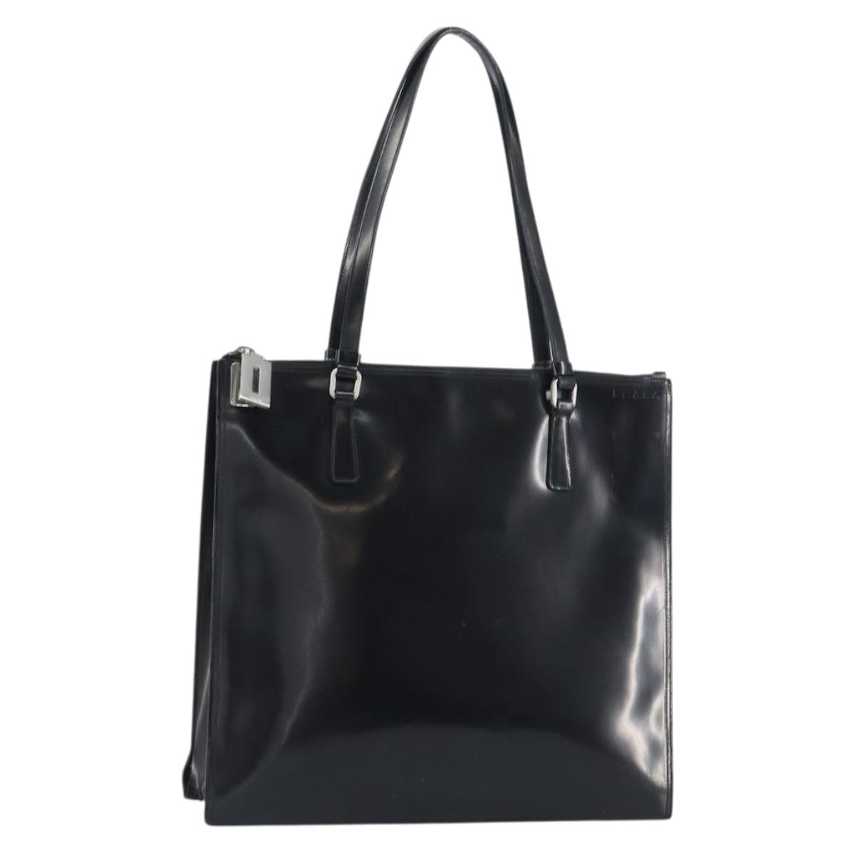 PRADA Tote Bag Enamel Black Silver Auth bs31534
