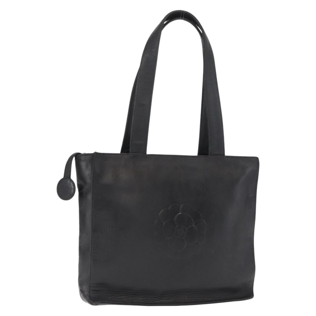 CHANEL Camelia Tote Bag Lamb Skin Black Silver CC Auth bs31571