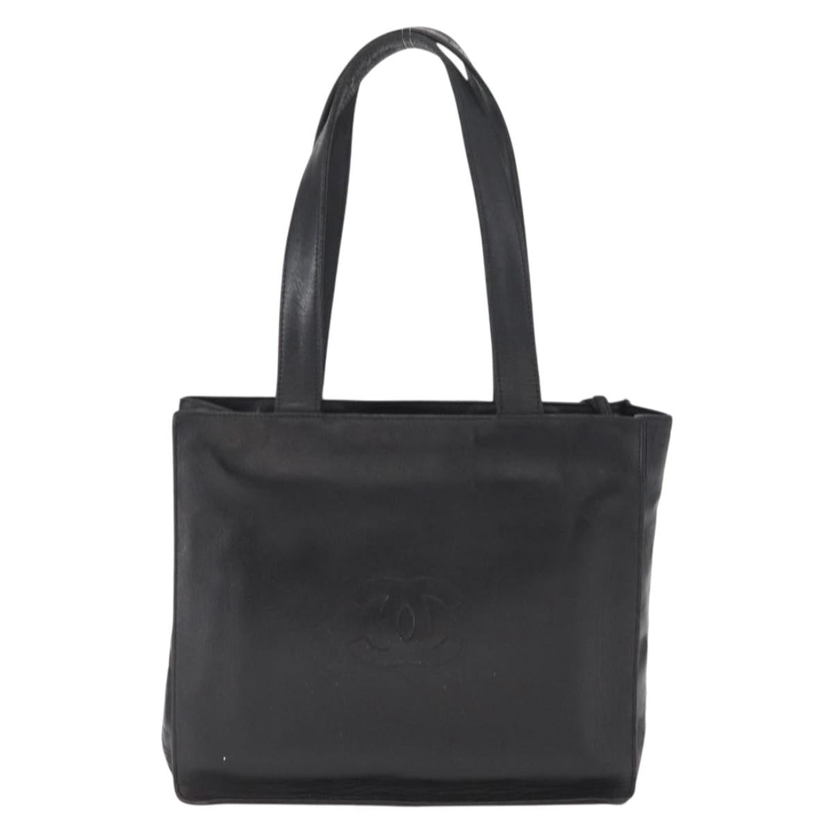 CHANEL Camelia Tote Bag Lamb Skin Black Silver CC Auth bs31571