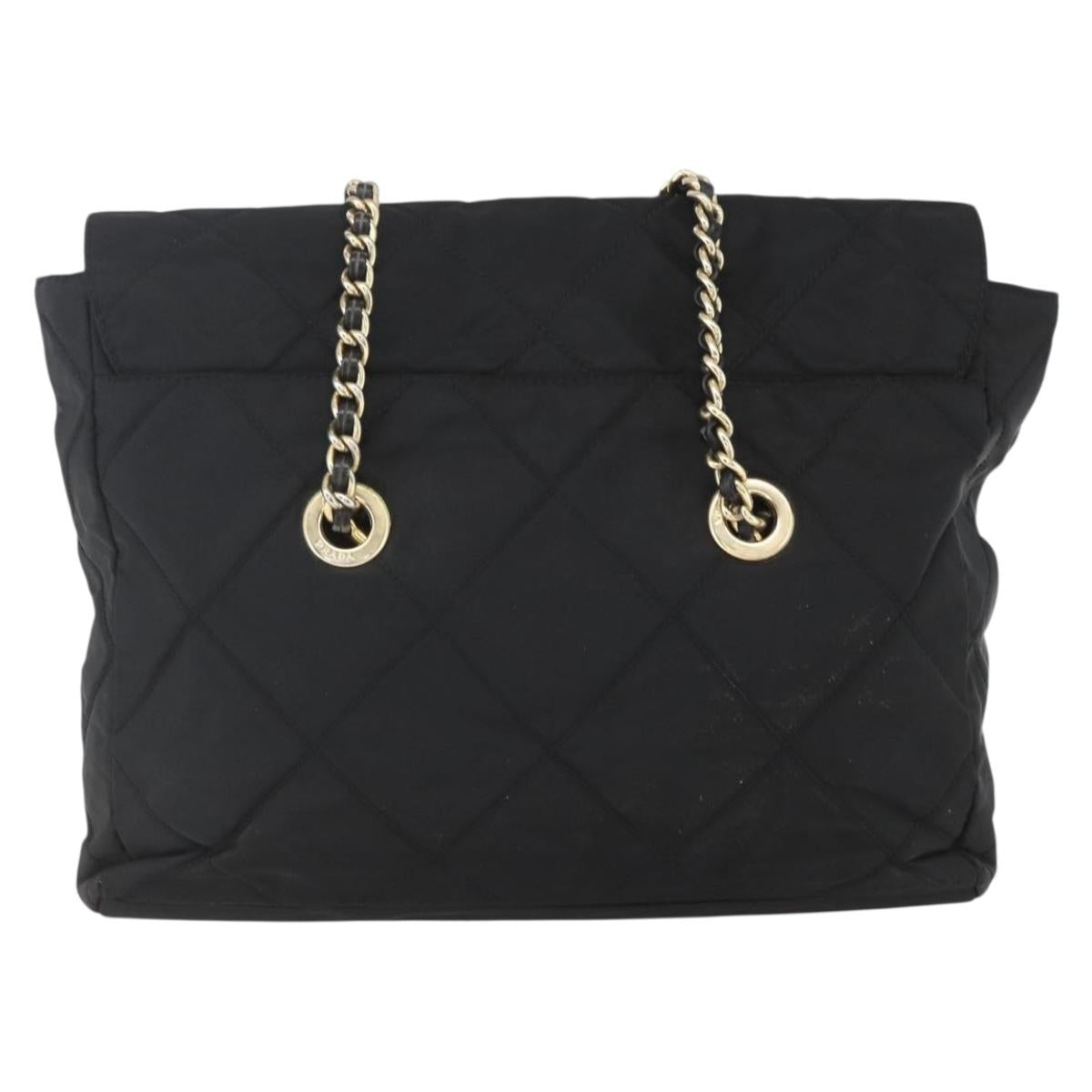 PRADA Quilted Chain Tote Bag Nylon Black Gold Auth bs31575