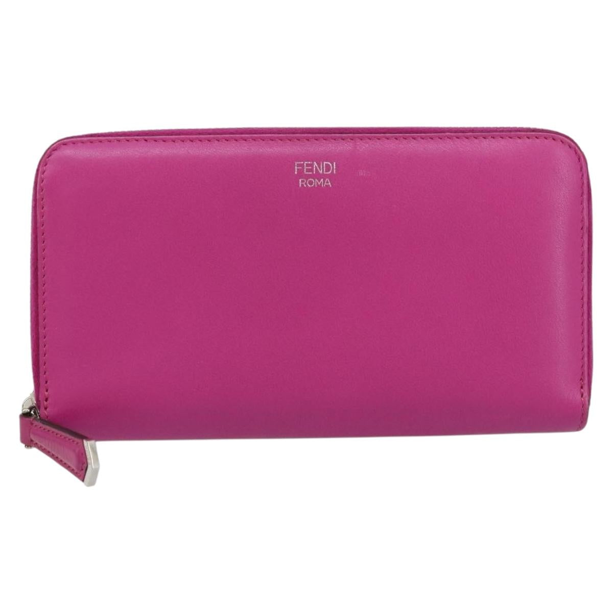 FENDI Zip Around Long Wallet Leather Pink Navy Auth bs31576