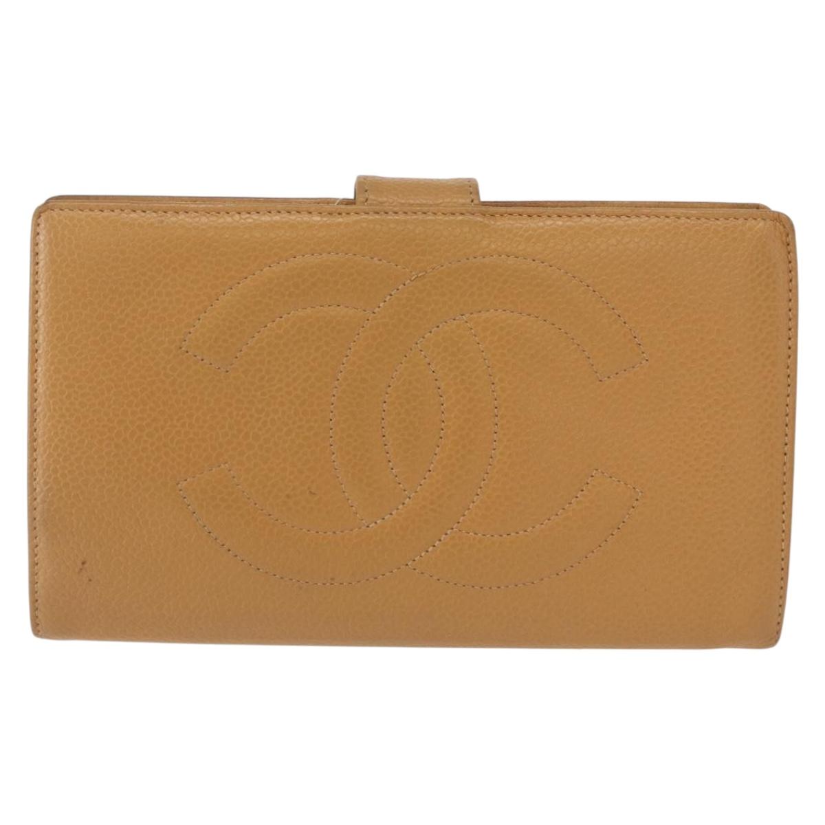 CHANEL COCO Mark Long Wallet Caviar Skin Beige Gold CC Auth bs31582