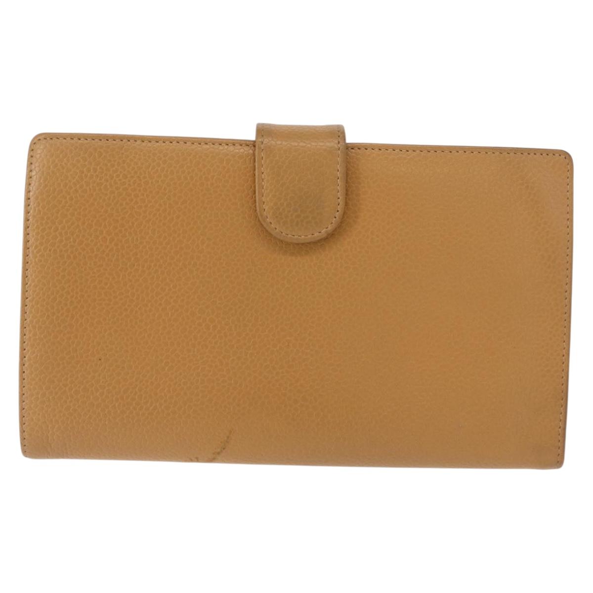 CHANEL COCO Mark Long Wallet Caviar Skin Beige Gold CC Auth bs31582