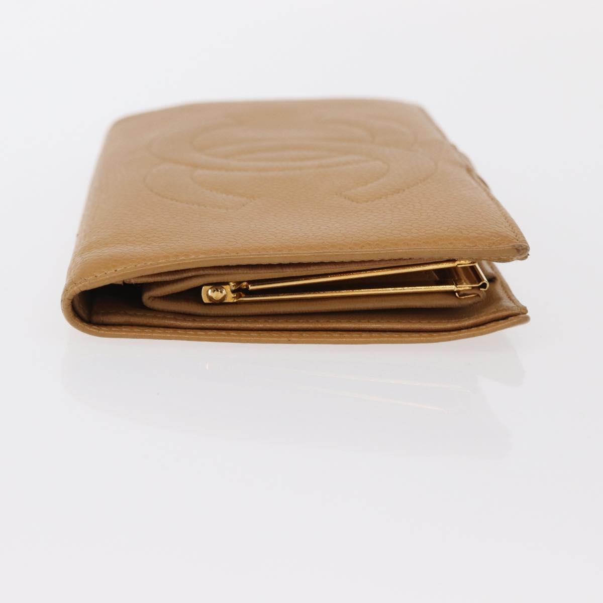 CHANEL COCO Mark Long Wallet Caviar Skin Beige Gold CC Auth bs31582