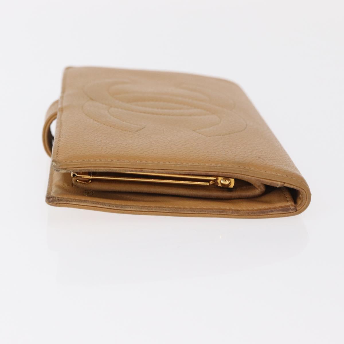 CHANEL COCO Mark Long Wallet Caviar Skin Beige Gold CC Auth bs31582