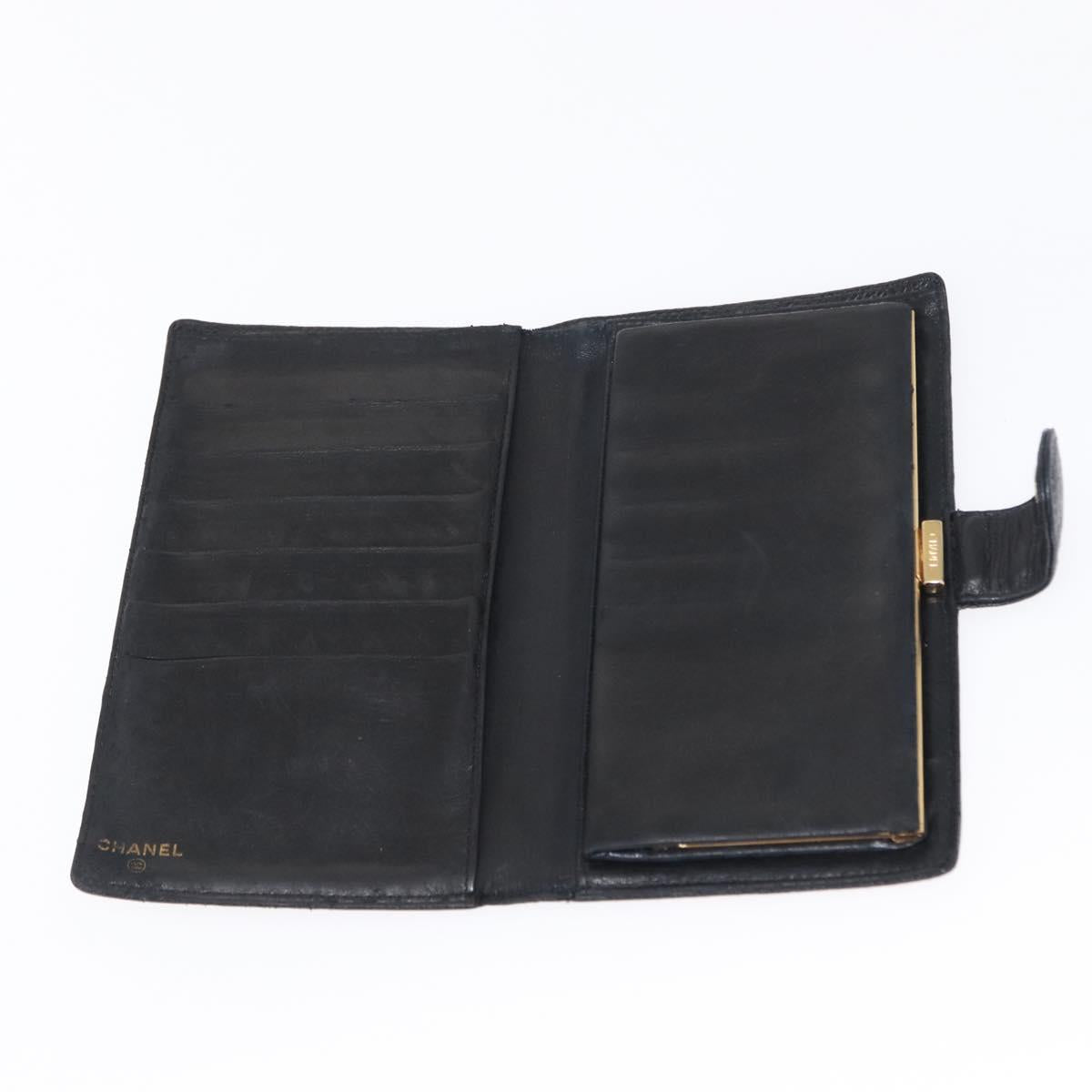 CHANEL Long Wallet Caviar Skin Black Gold CC Auth bs31583