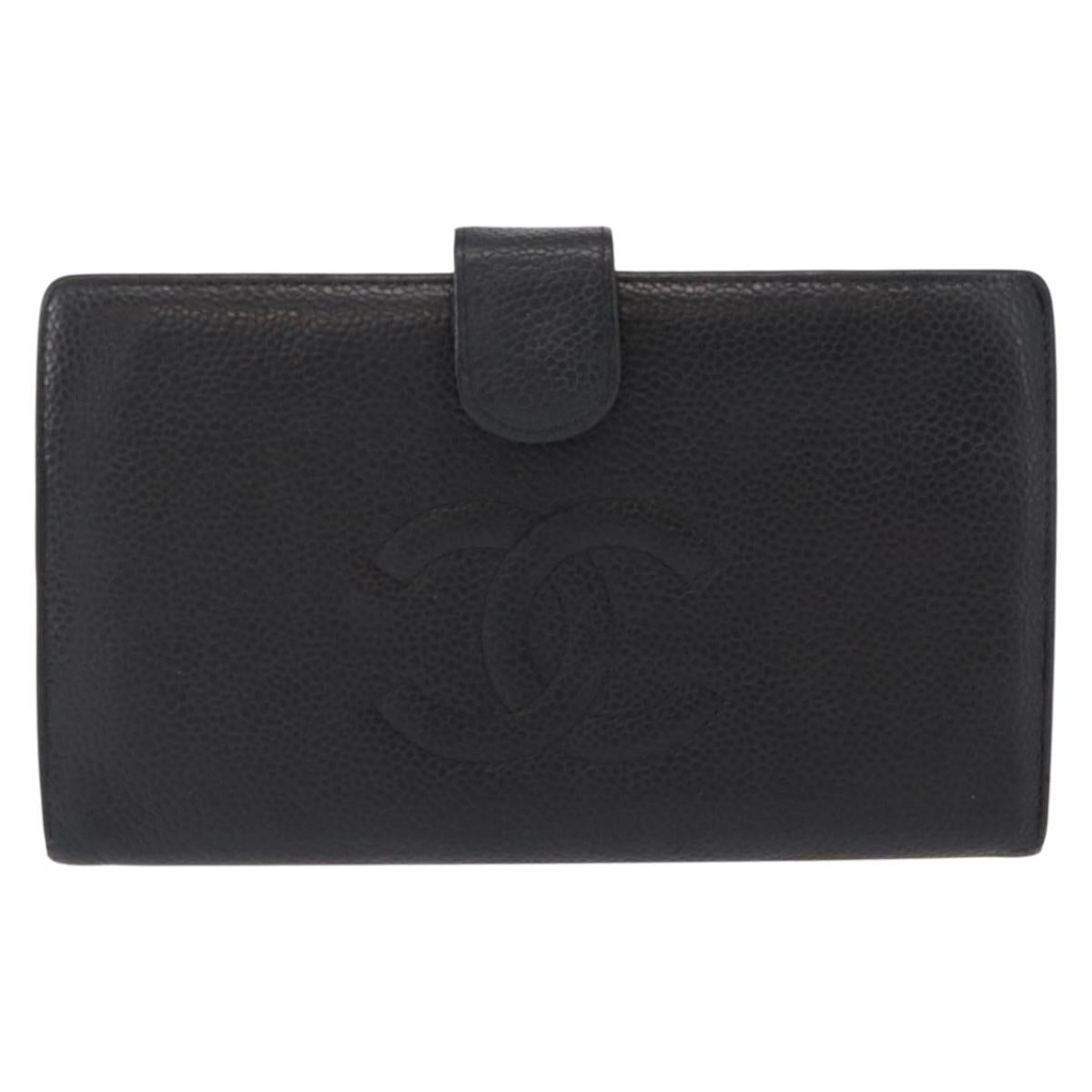 CHANEL Long Wallet Caviar Skin Black Gold CC Auth bs31583