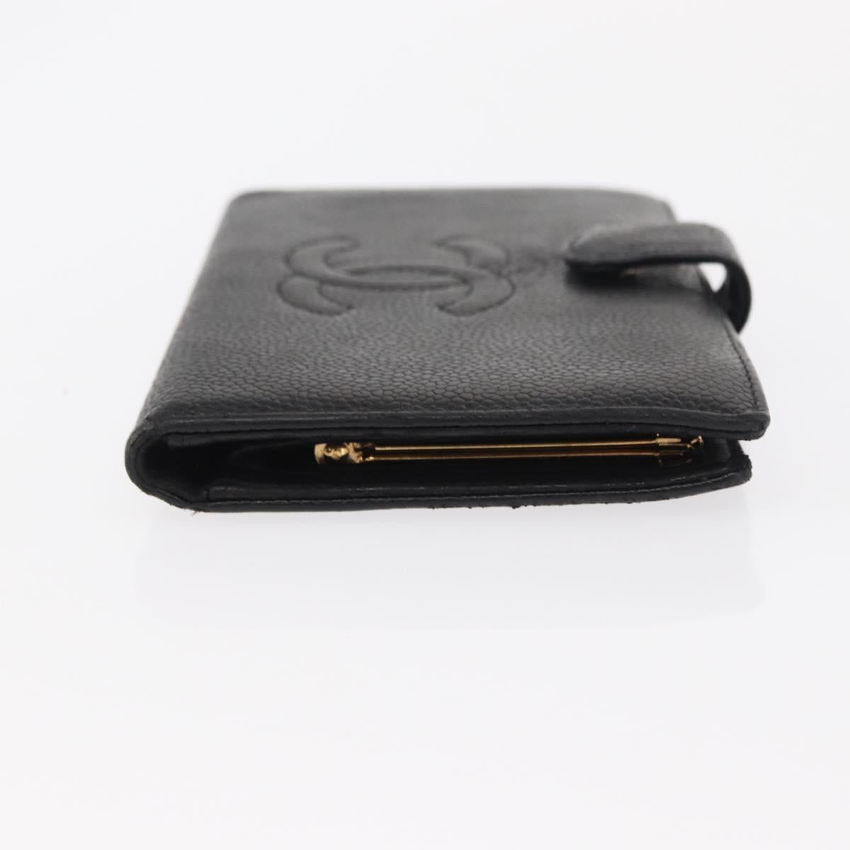 CHANEL Long Wallet Caviar Skin Black Gold CC Auth bs31583