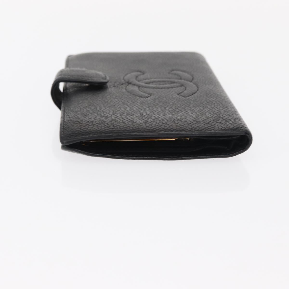 CHANEL Long Wallet Caviar Skin Black Gold CC Auth bs31583