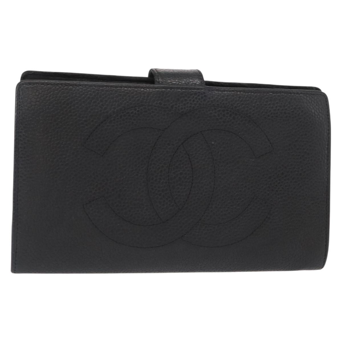 CHANEL COCO Mark Long Wallet Caviar Skin Black Gold CC Auth bs31584