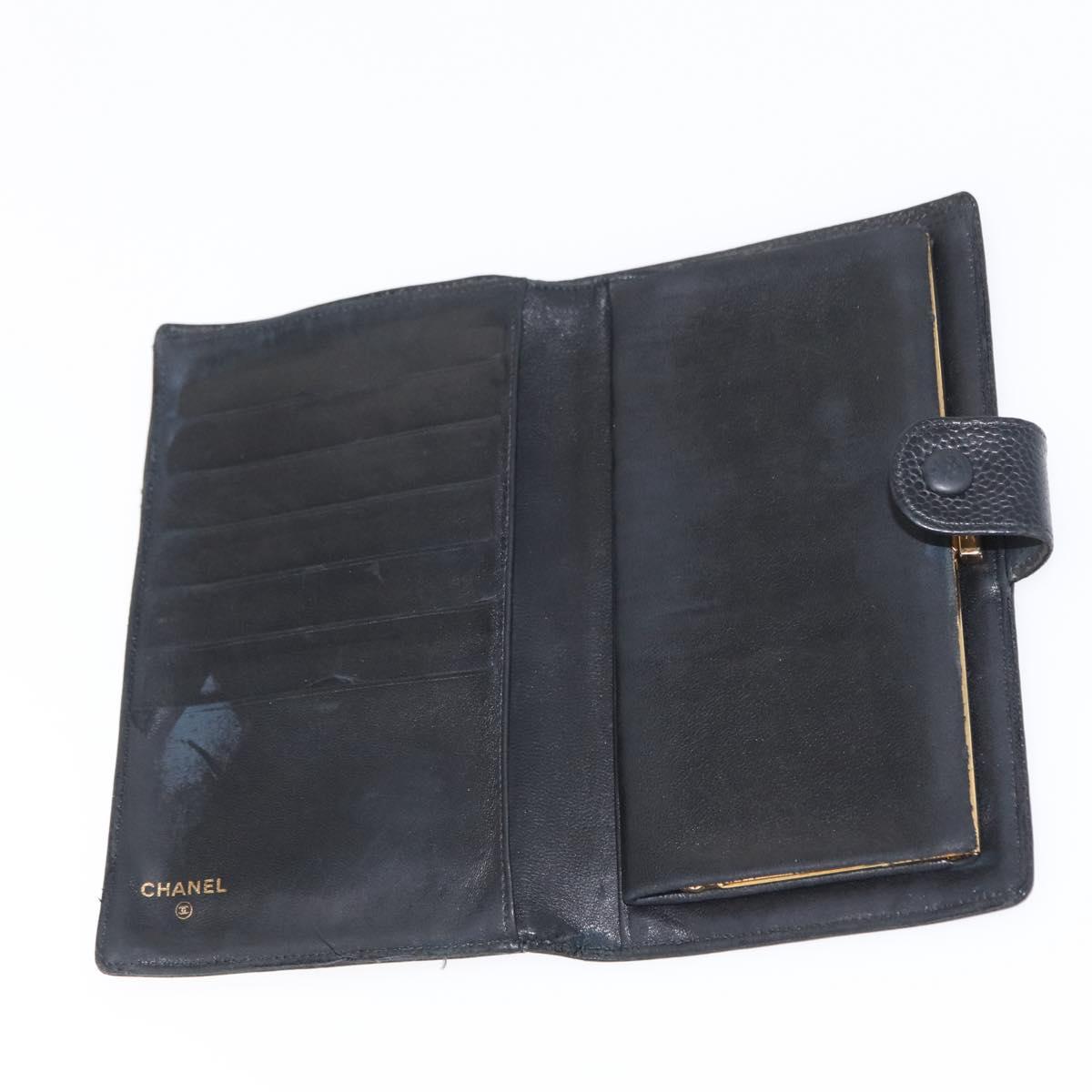 CHANEL COCO Mark Long Wallet Caviar Skin Black Gold CC Auth bs31584