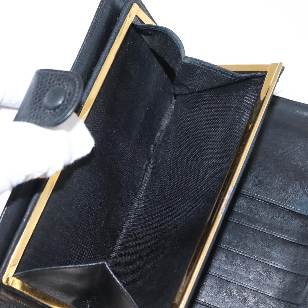 CHANEL COCO Mark Long Wallet Caviar Skin Black Gold CC Auth bs31584