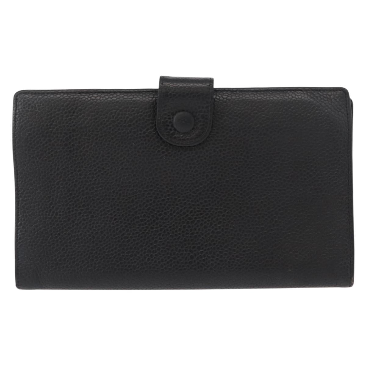 CHANEL COCO Mark Long Wallet Caviar Skin Black Gold CC Auth bs31584
