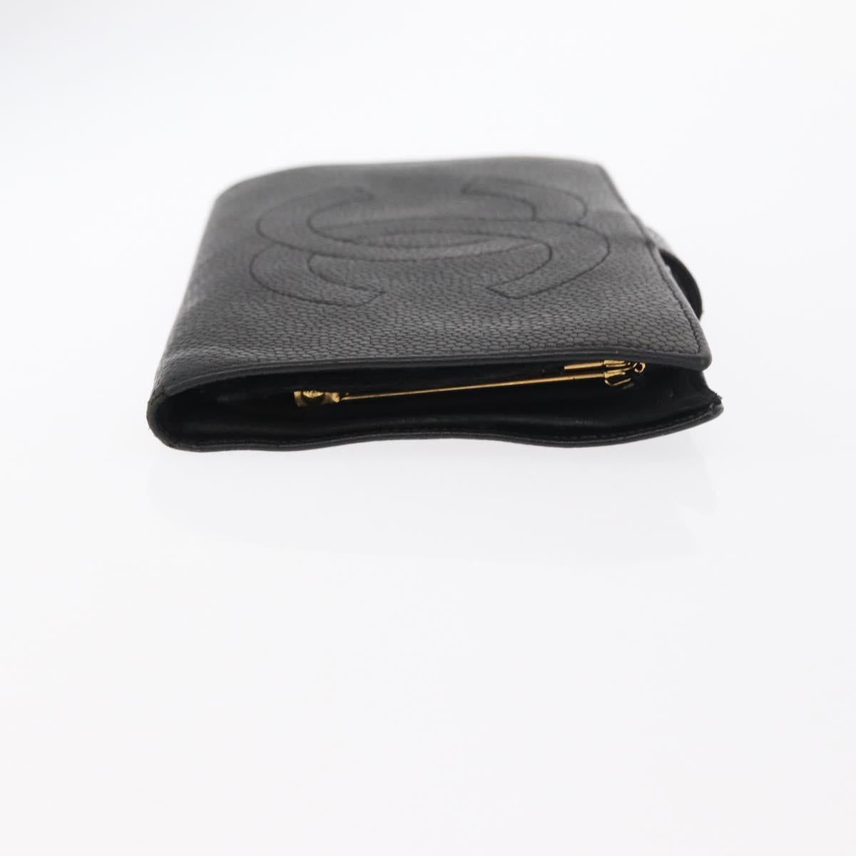 CHANEL COCO Mark Long Wallet Caviar Skin Black Gold CC Auth bs31584