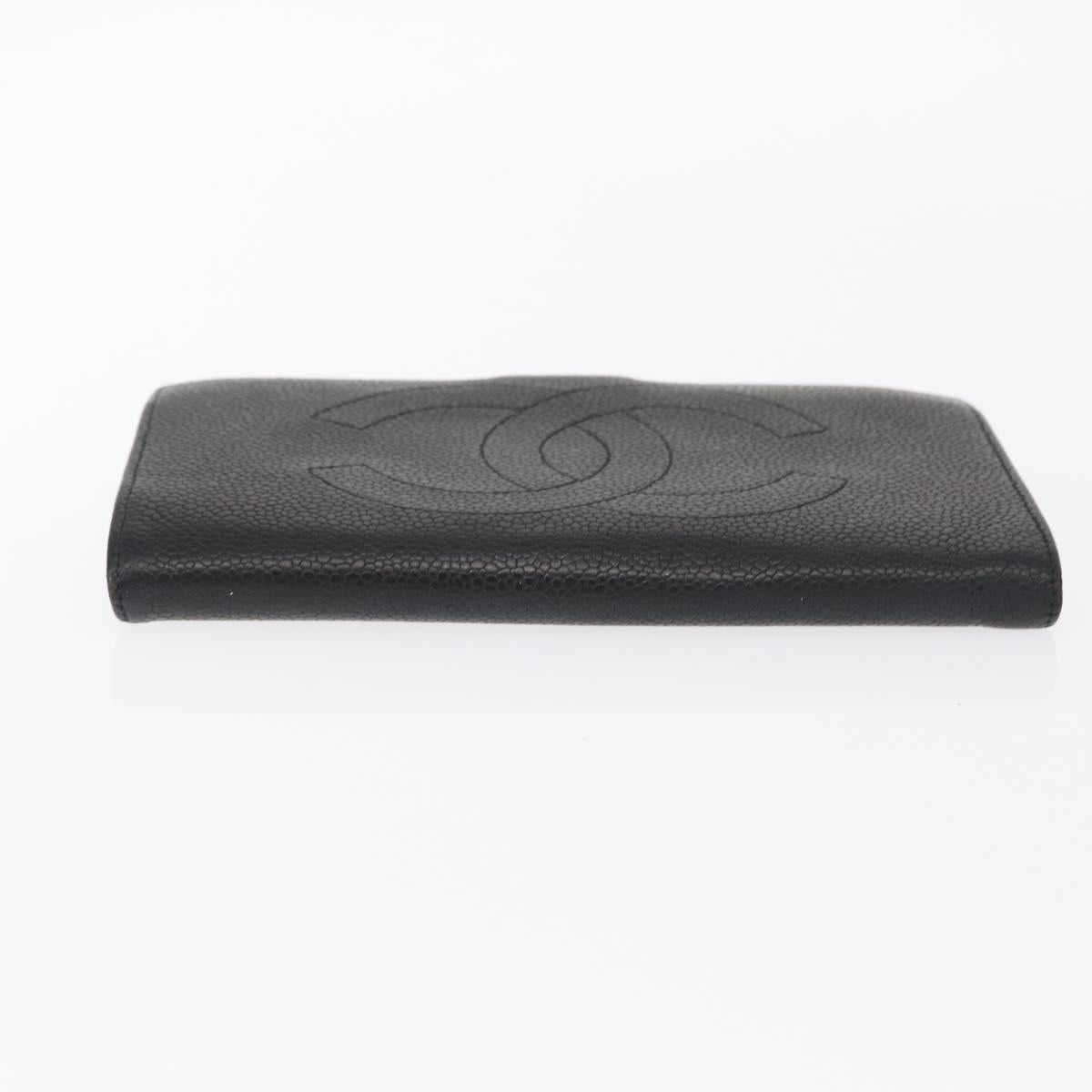 CHANEL COCO Mark Long Wallet Caviar Skin Black Gold CC Auth bs31584