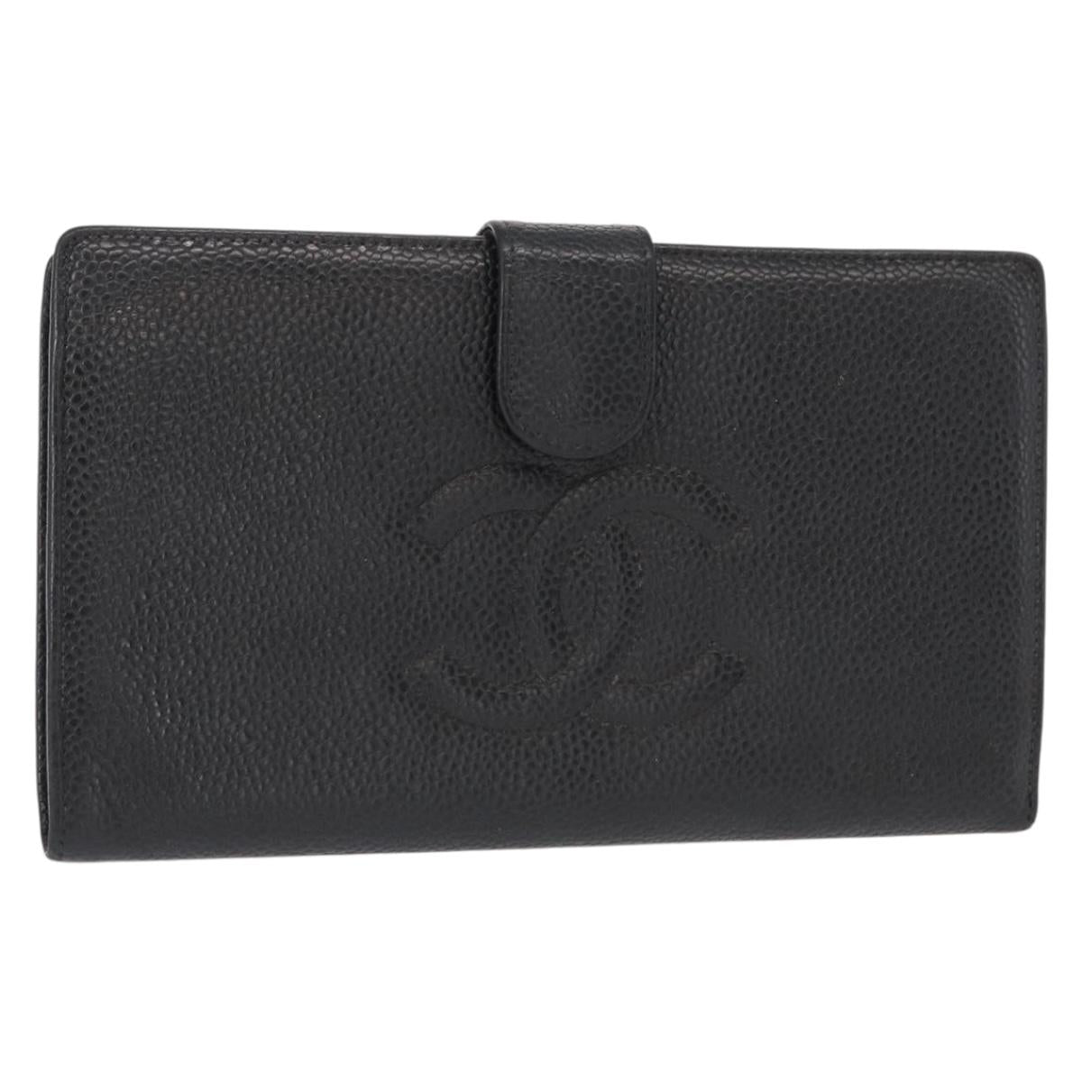 CHANEL COCO Mark Long Wallet Caviar Skin Black Gold CC Auth bs31586