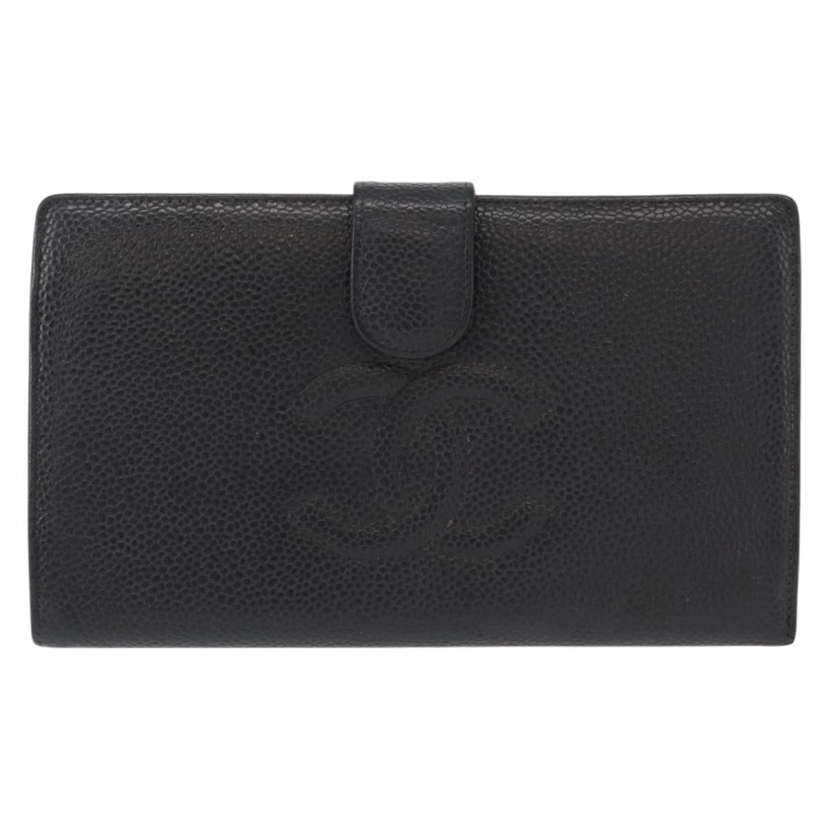 CHANEL COCO Mark Long Wallet Caviar Skin Black Gold CC Auth bs31586