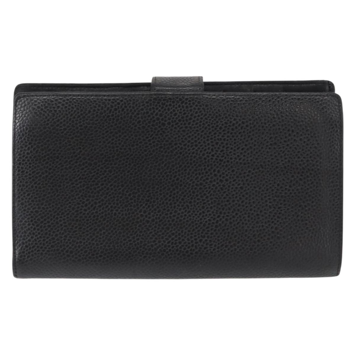 CHANEL COCO Mark Long Wallet Caviar Skin Black Gold CC Auth bs31586