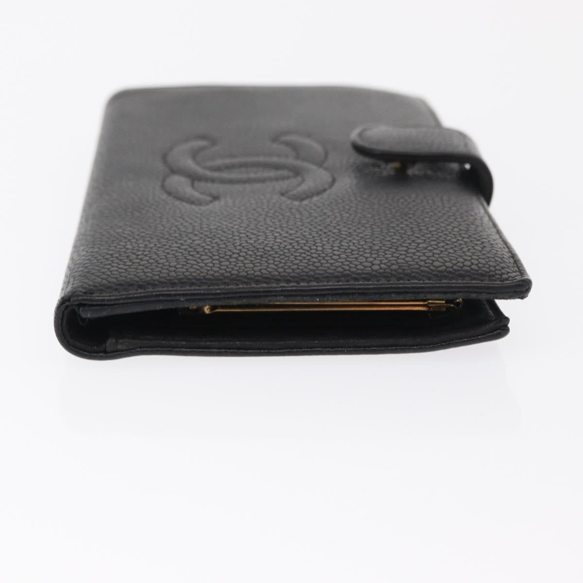 CHANEL COCO Mark Long Wallet Caviar Skin Black Gold CC Auth bs31586