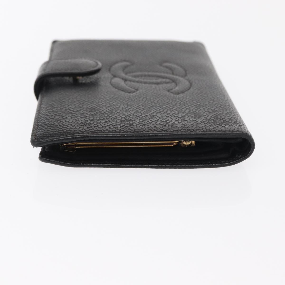 CHANEL COCO Mark Long Wallet Caviar Skin Black Gold CC Auth bs31586