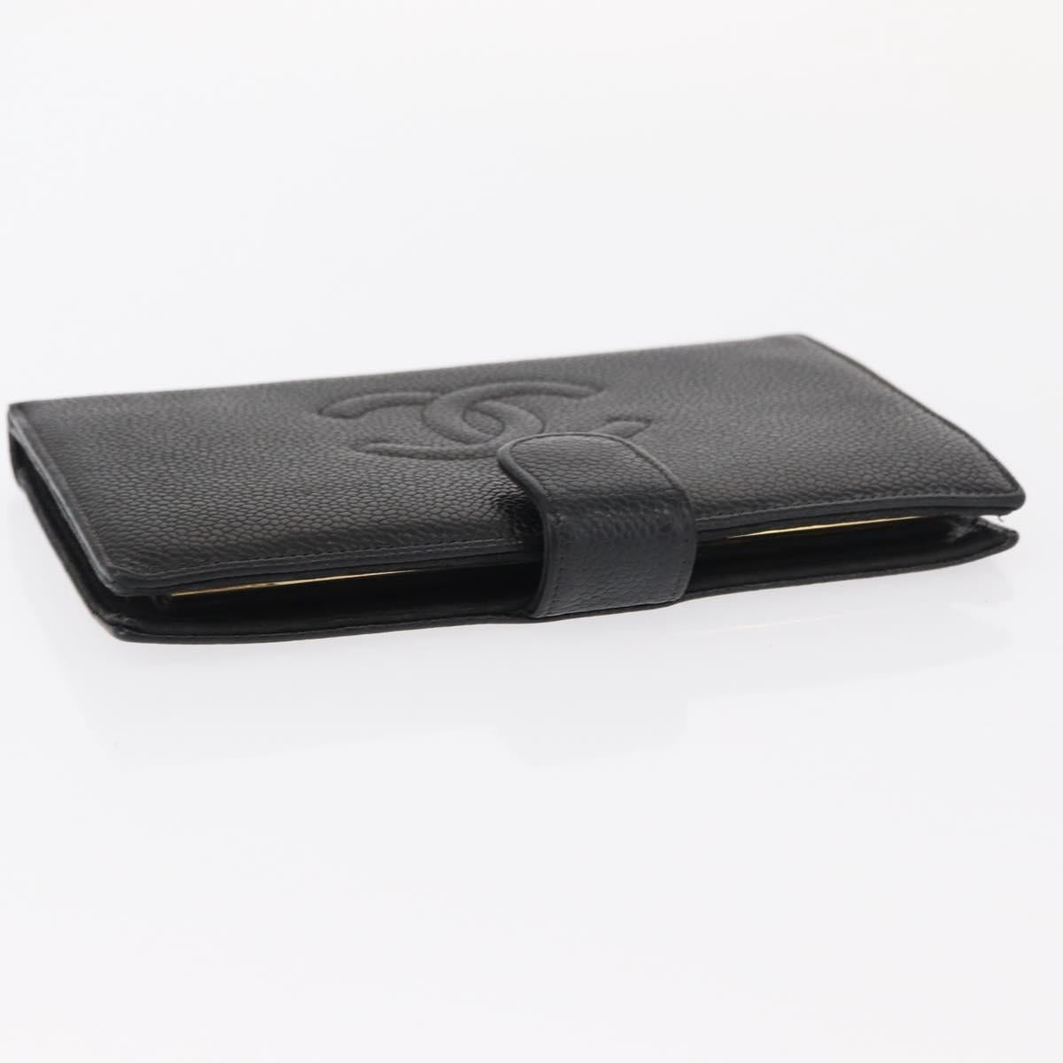 CHANEL COCO Mark Long Wallet Caviar Skin Black Gold CC Auth bs31586