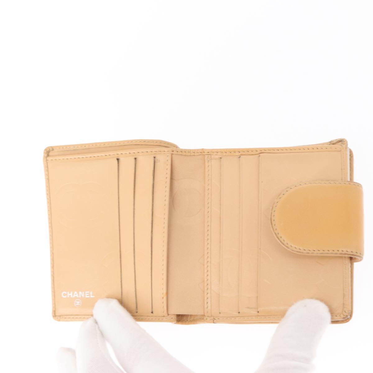 CHANEL Cambon Line Wallet Lamb Skin Beige Silver CC Auth bs31591