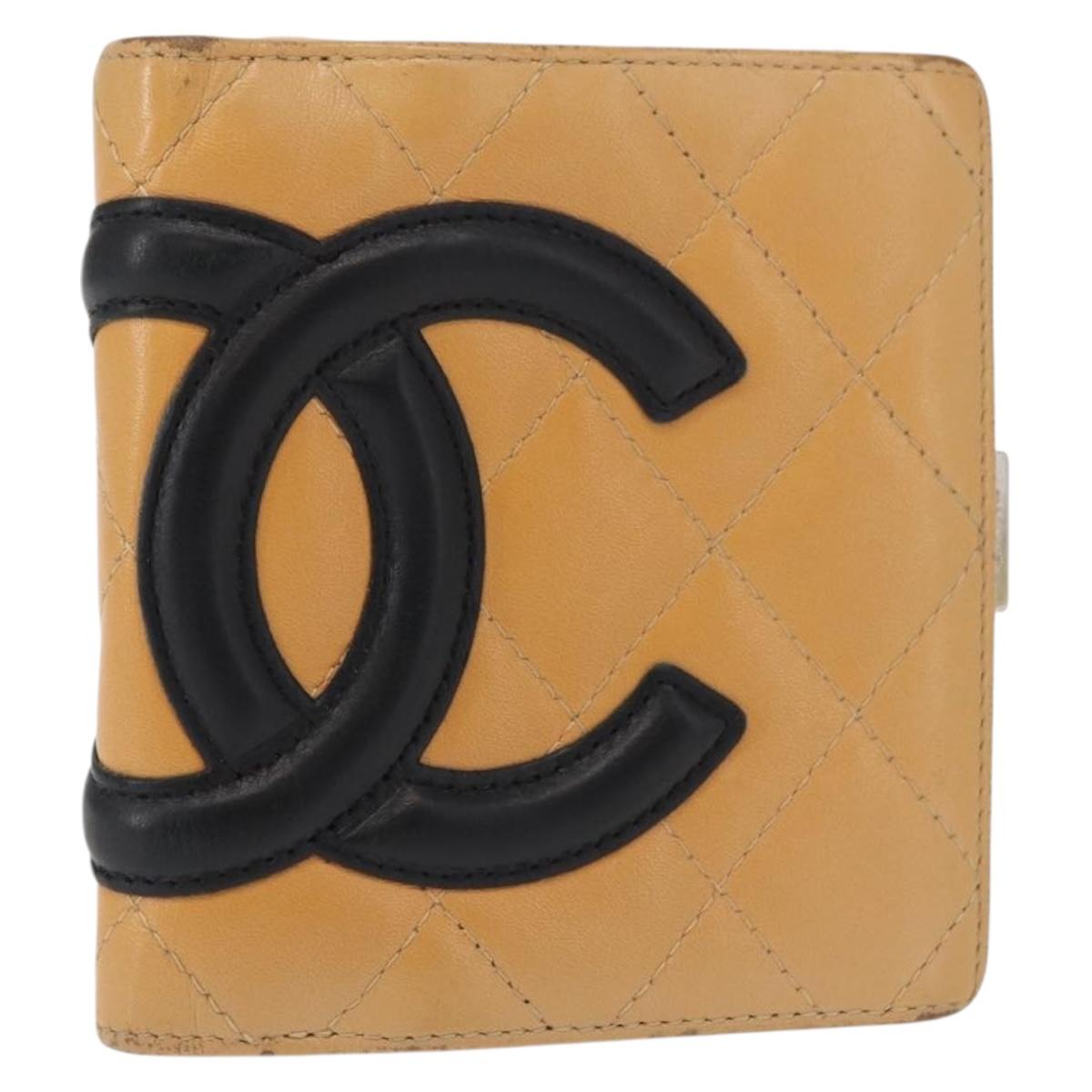 CHANEL Cambon Line Wallet Lamb Skin Beige Silver CC Auth bs31591