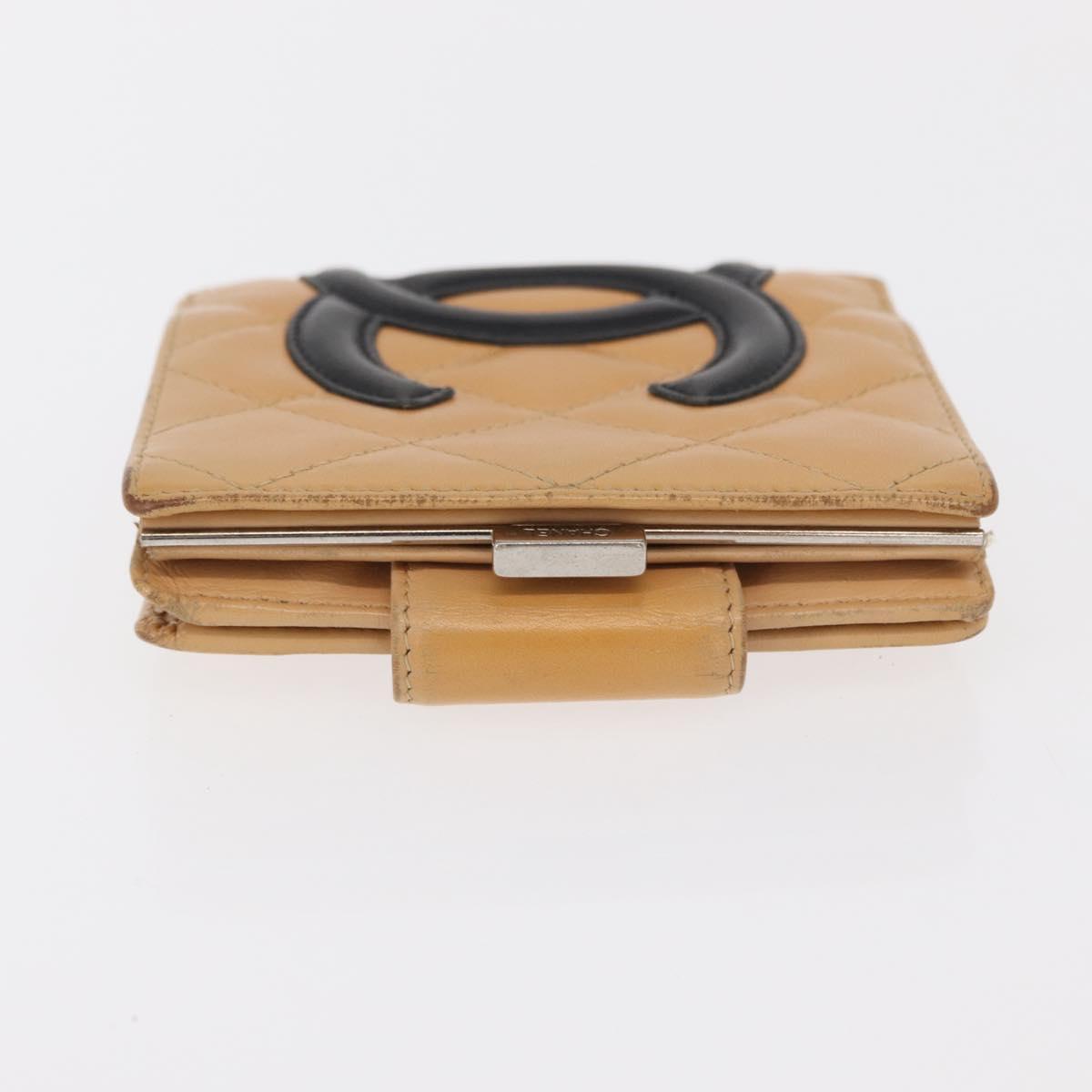 CHANEL Cambon Line Wallet Lamb Skin Beige Silver CC Auth bs31591