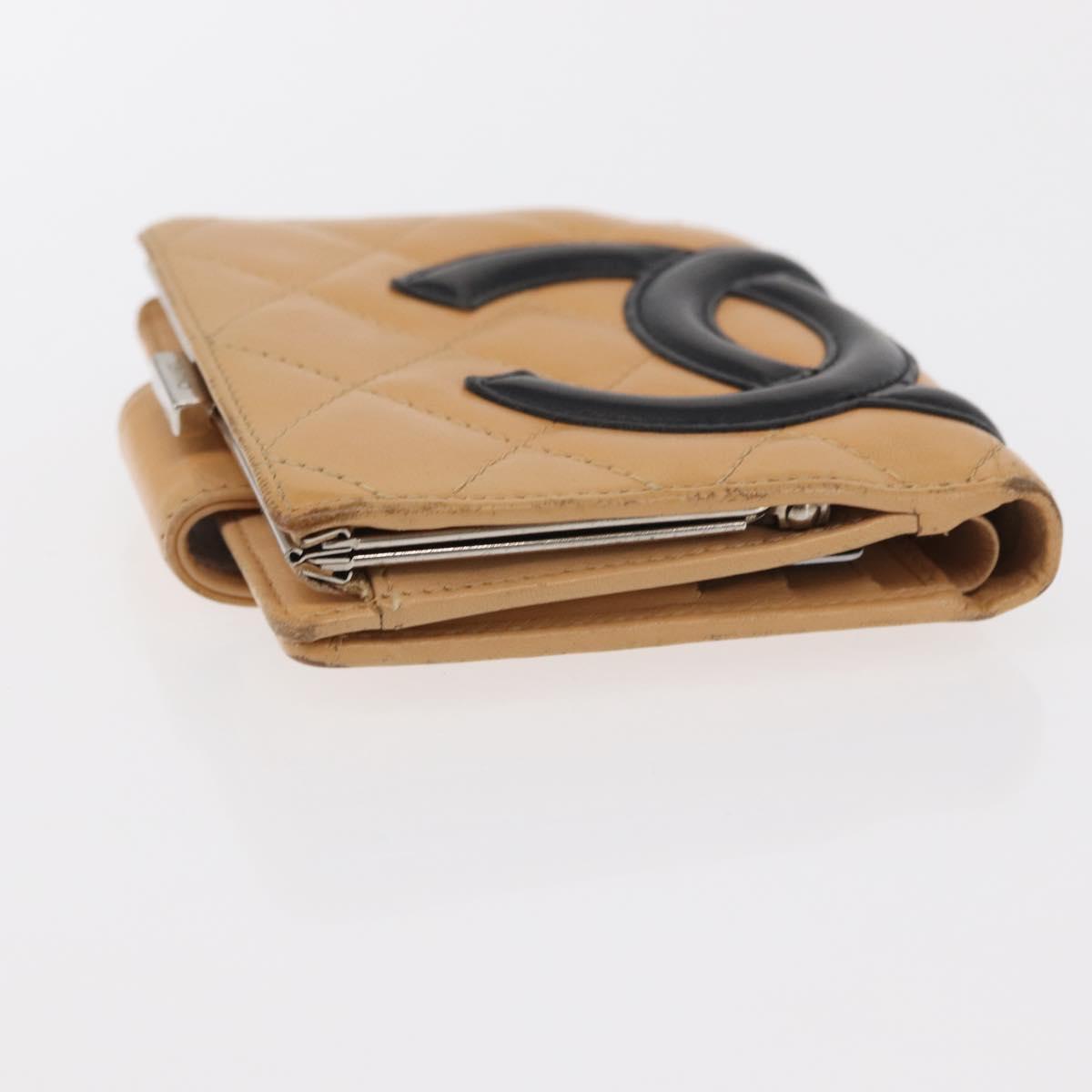 CHANEL Cambon Line Wallet Lamb Skin Beige Silver CC Auth bs31591