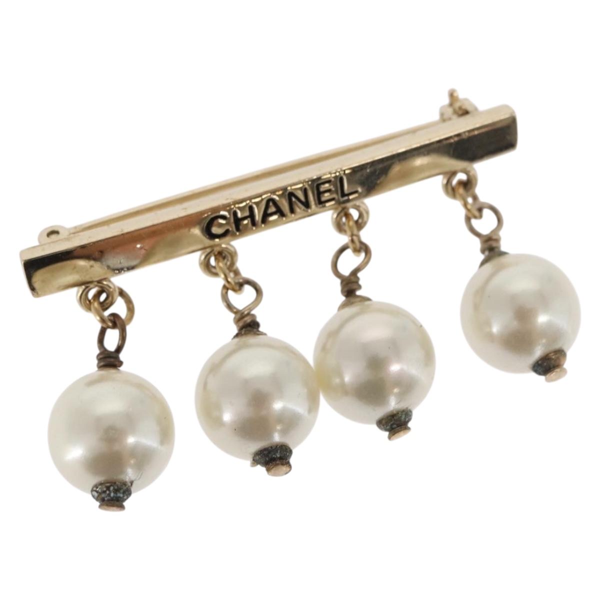 CHANEL Pearl Brooch metal Gold Tone CC Auth bs31592