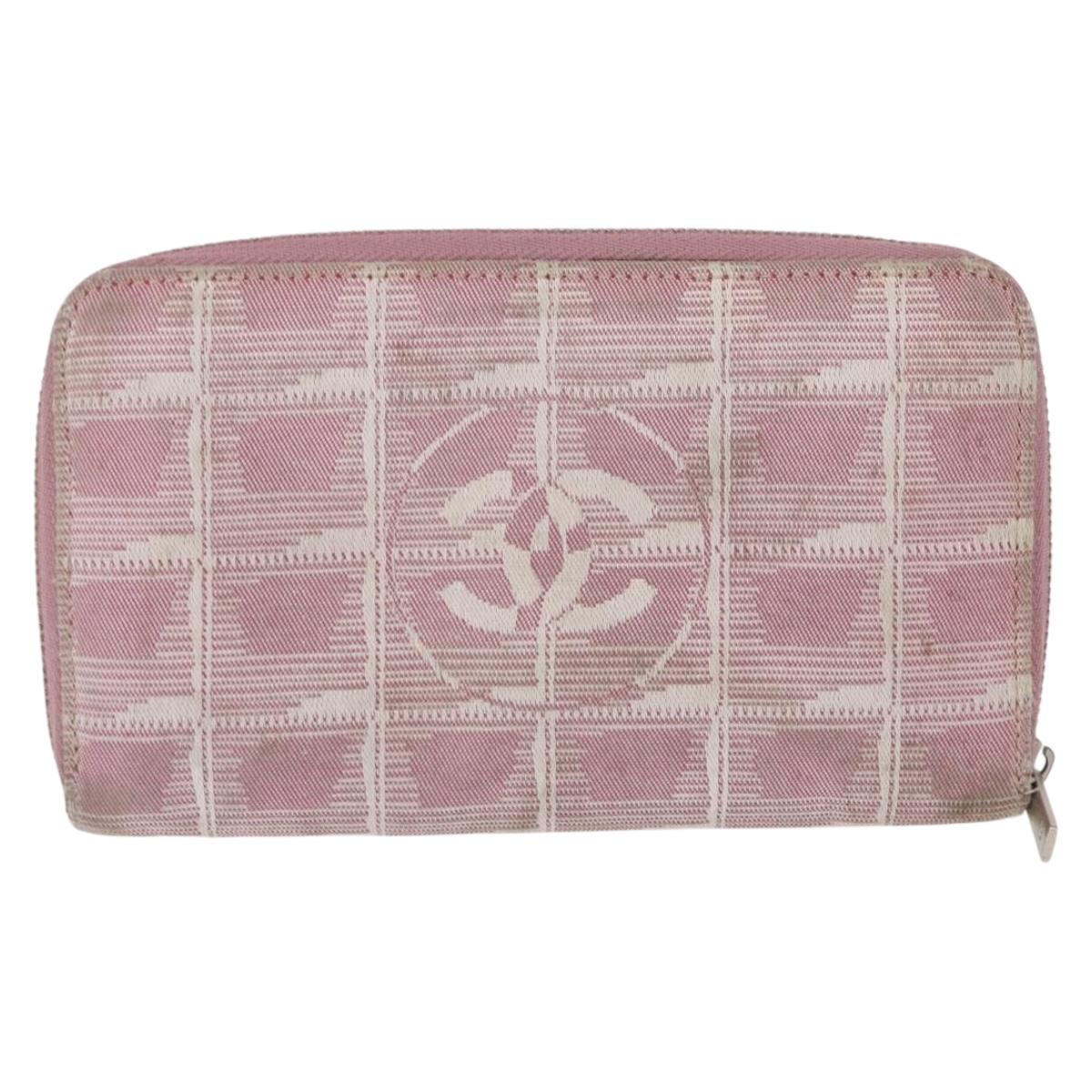 CHANEL New Travel Line Zip Around Long Wallet Nylon Pink Silver CC Auth bs31593
