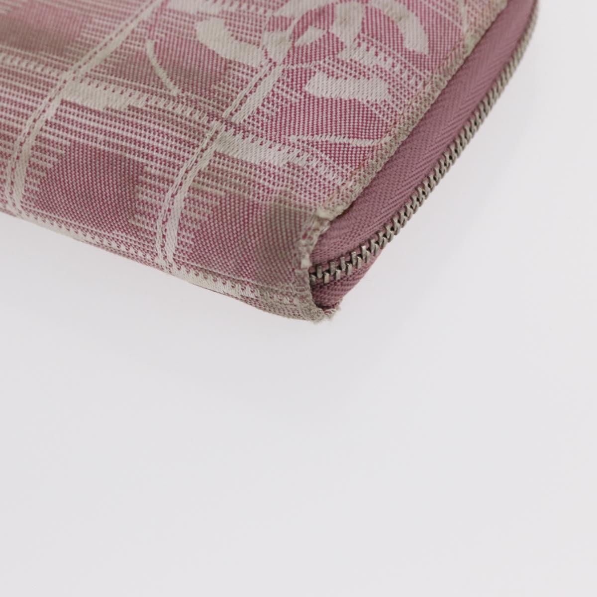 CHANEL New Travel Line Zip Around Long Wallet Nylon Pink Silver CC Auth bs31593