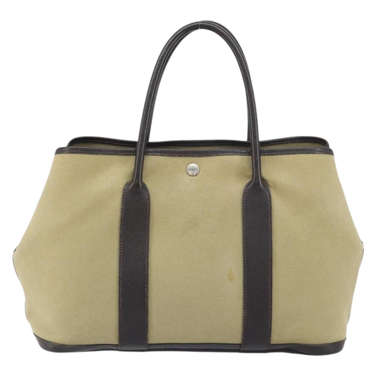 HERMES Tower Ash Garden Party MM Tote Bag Canvas Beige Silver Auth bs31632