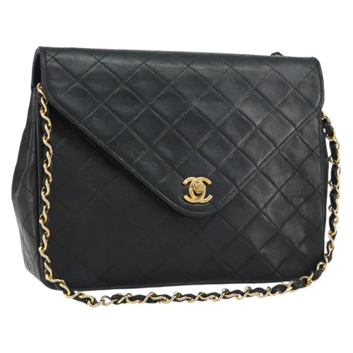CHANEL Matelasse Chain Shoulder Bag Lamb Skin Black Gold CC Auth bs31635