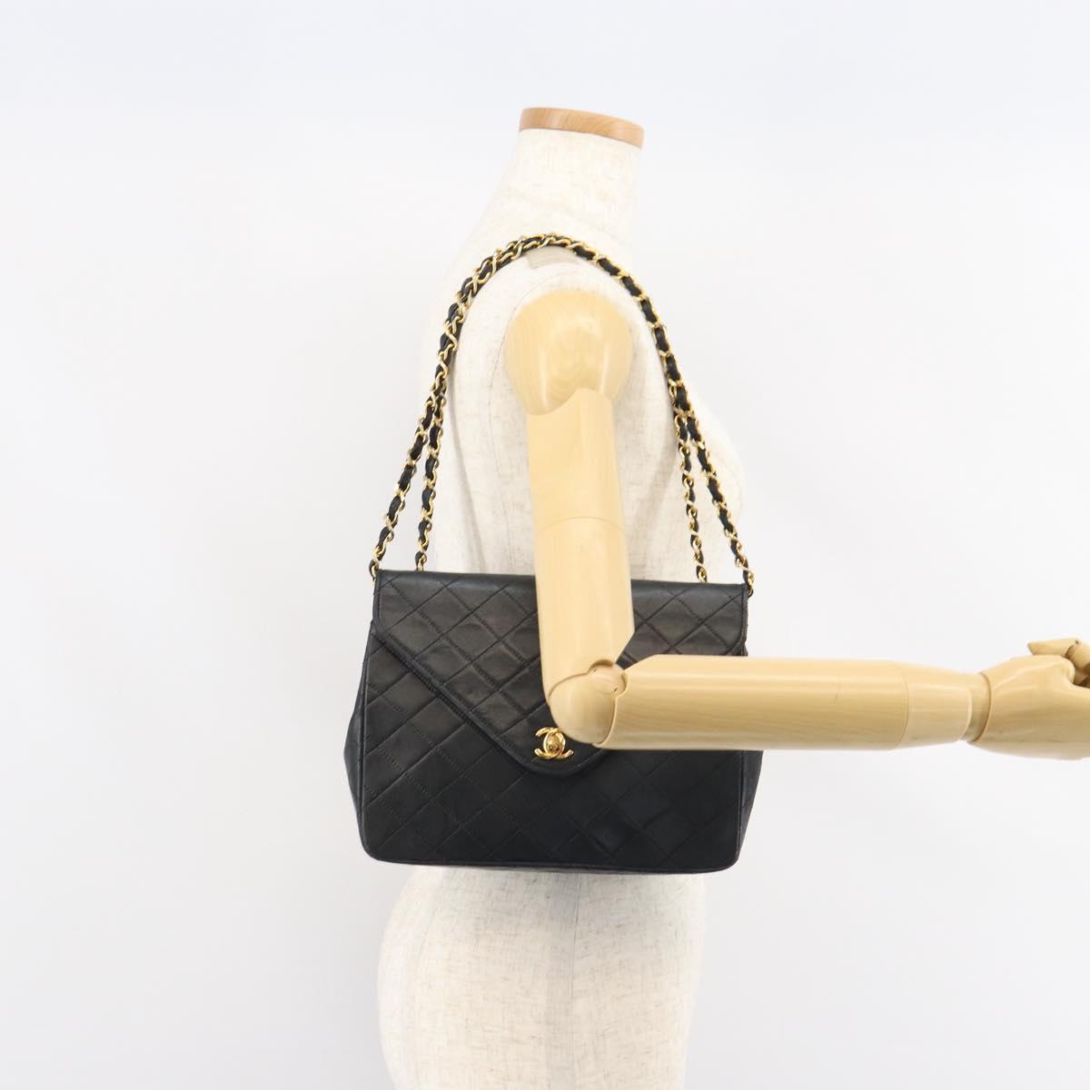 CHANEL Matelasse Chain Shoulder Bag Lamb Skin Black Gold CC Auth bs31635