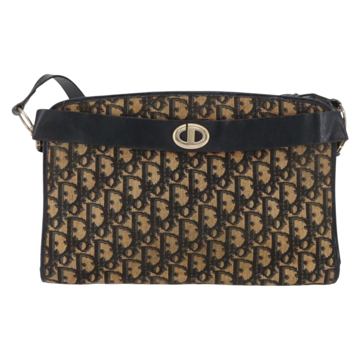 Christian Dior Trotter Canvas Shoulder Bag Navy Gold Auth bs31649