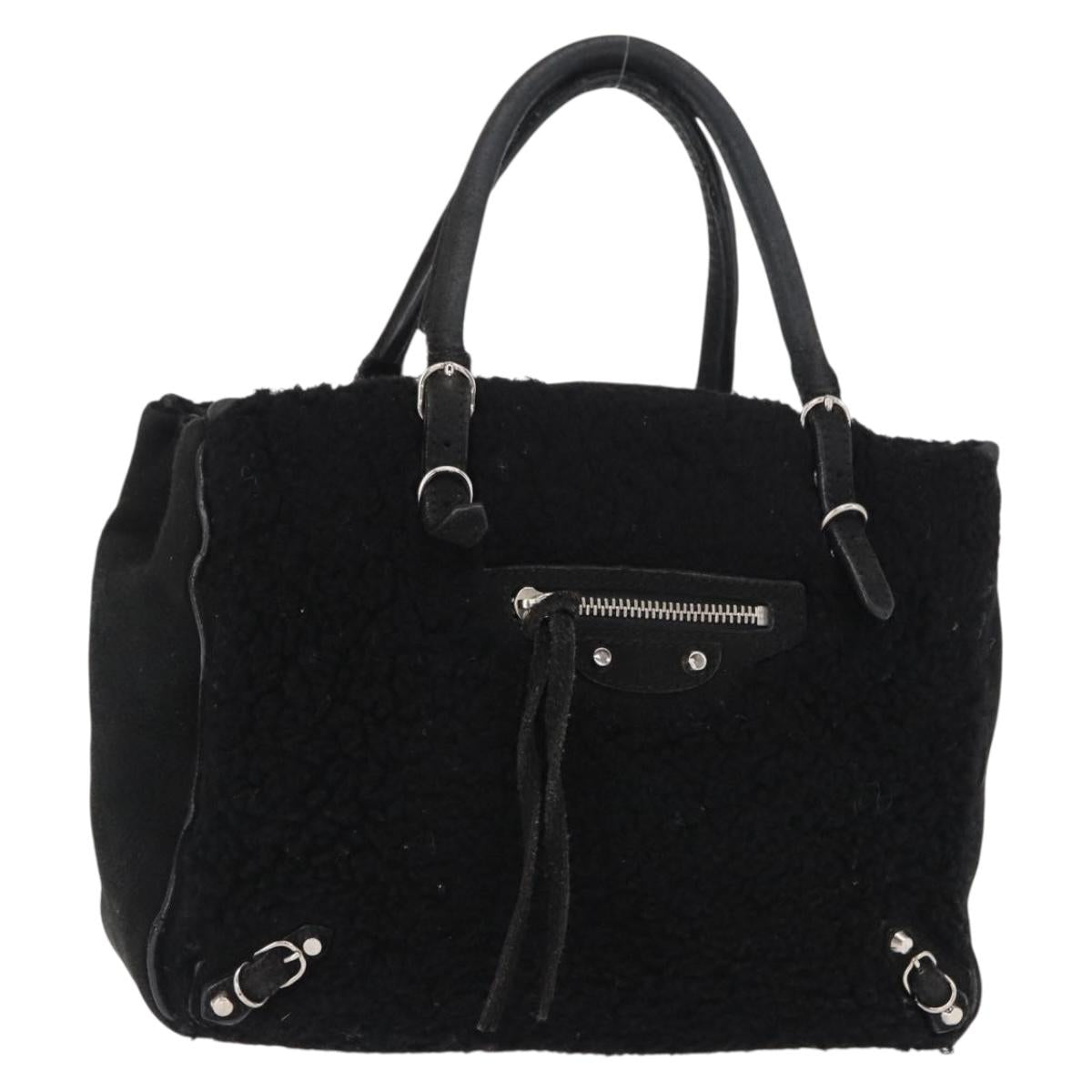 BALENCIAGA Paper Mini Hand Bag Mouton Black Silver Auth bs31650