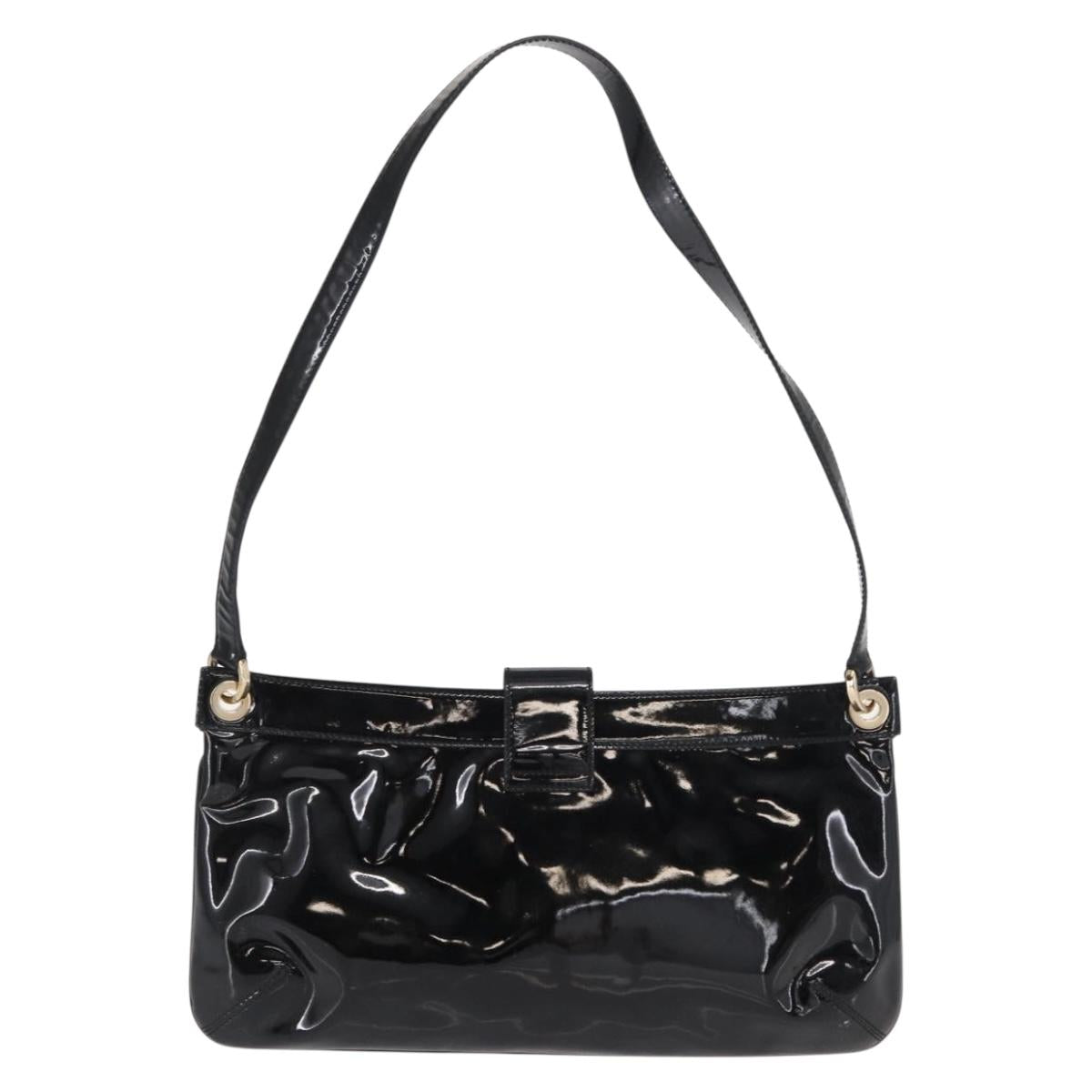 Salvatore Ferragamo Gancini Shoulder Bag Enamel Black Gold Auth bs31656