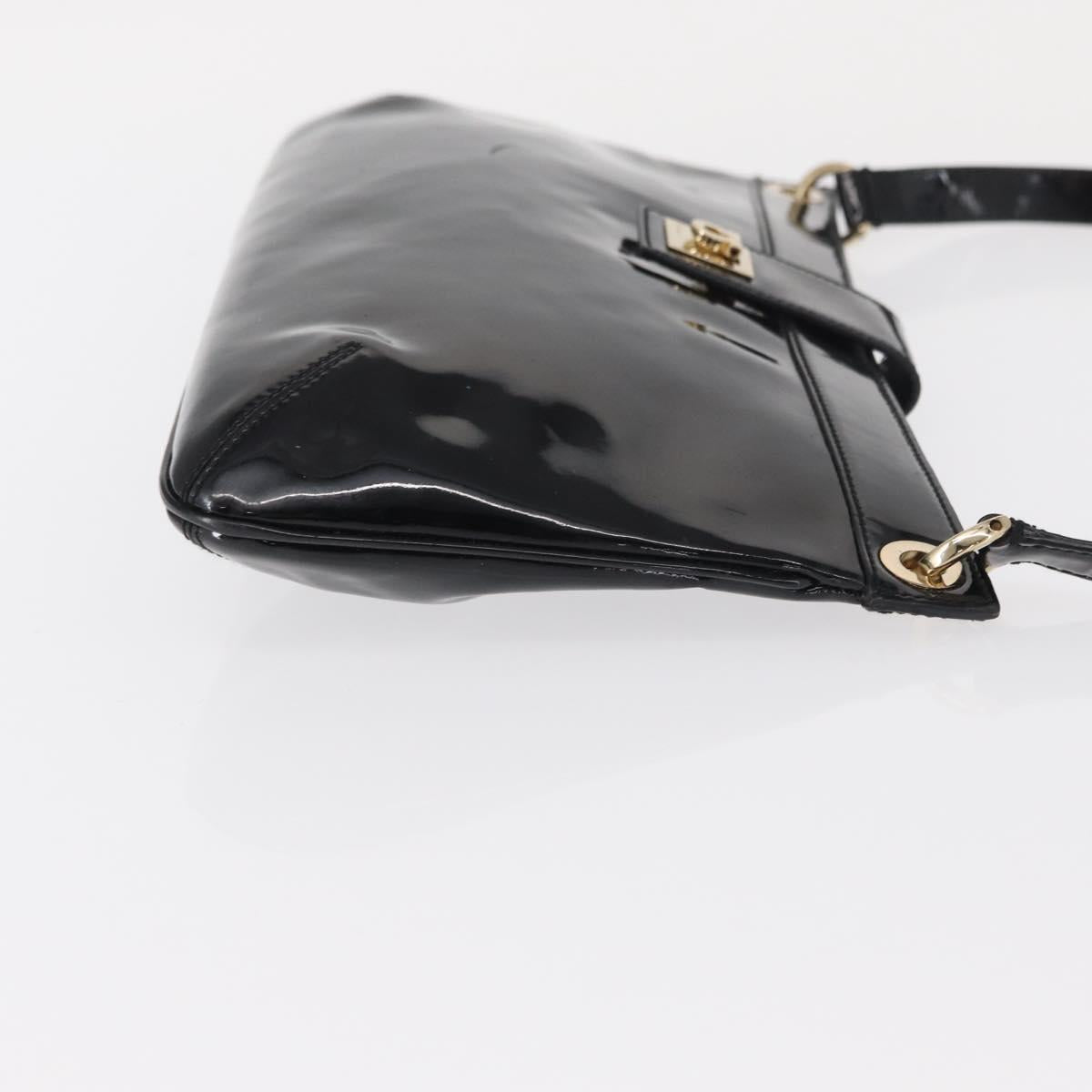 Salvatore Ferragamo Gancini Shoulder Bag Enamel Black Gold Auth bs31656