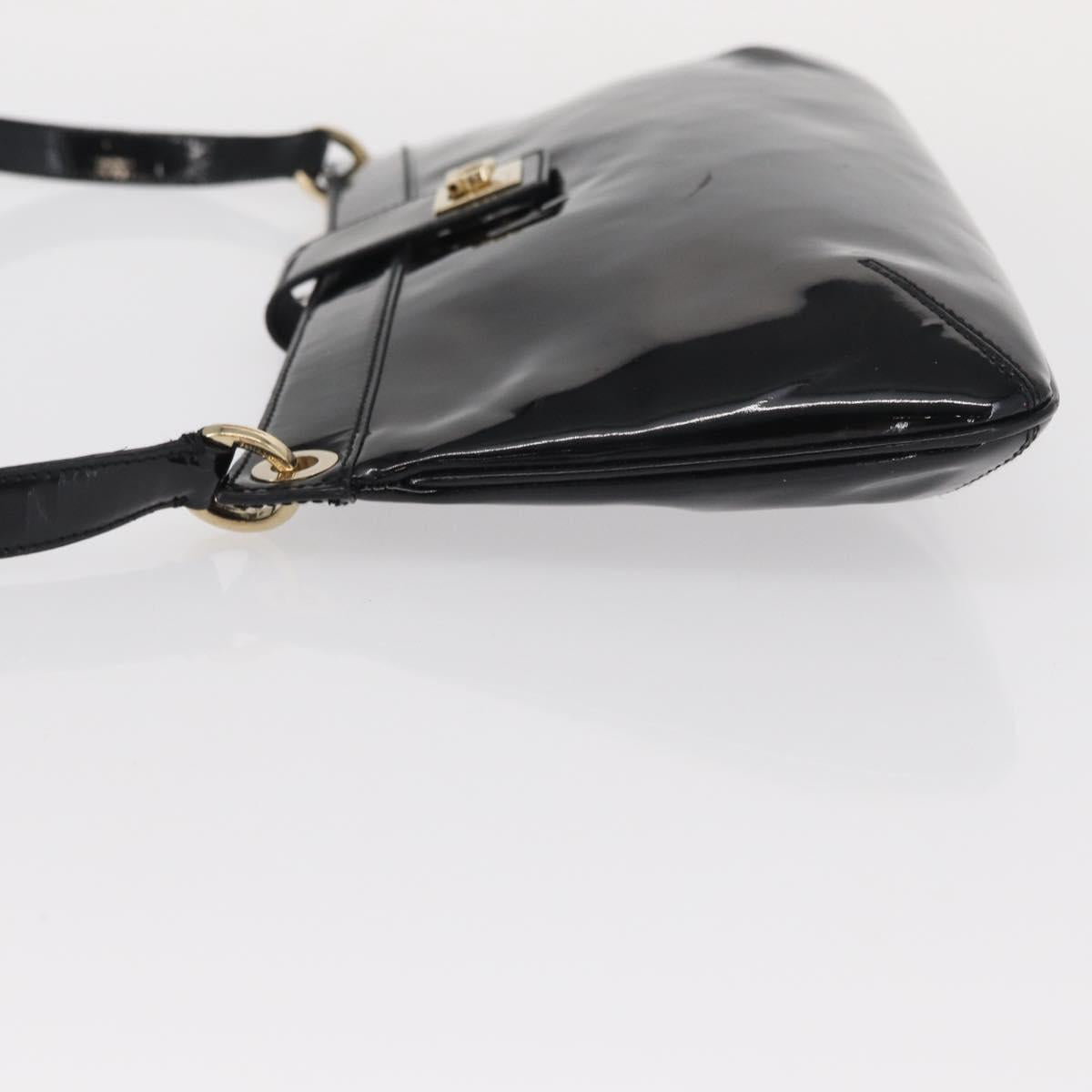 Salvatore Ferragamo Gancini Shoulder Bag Enamel Black Gold Auth bs31656