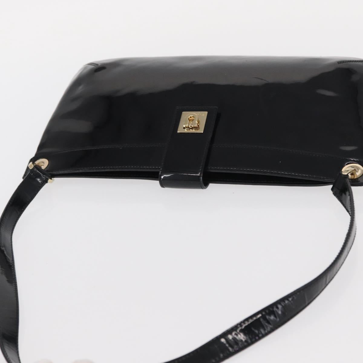 Salvatore Ferragamo Gancini Shoulder Bag Enamel Black Gold Auth bs31656