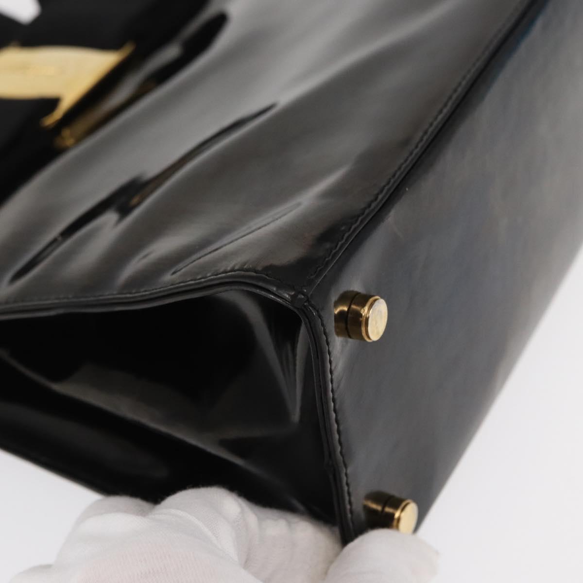 Salvatore Ferragamo Vala Hand Bag Enamel Black Gold Auth bs31709