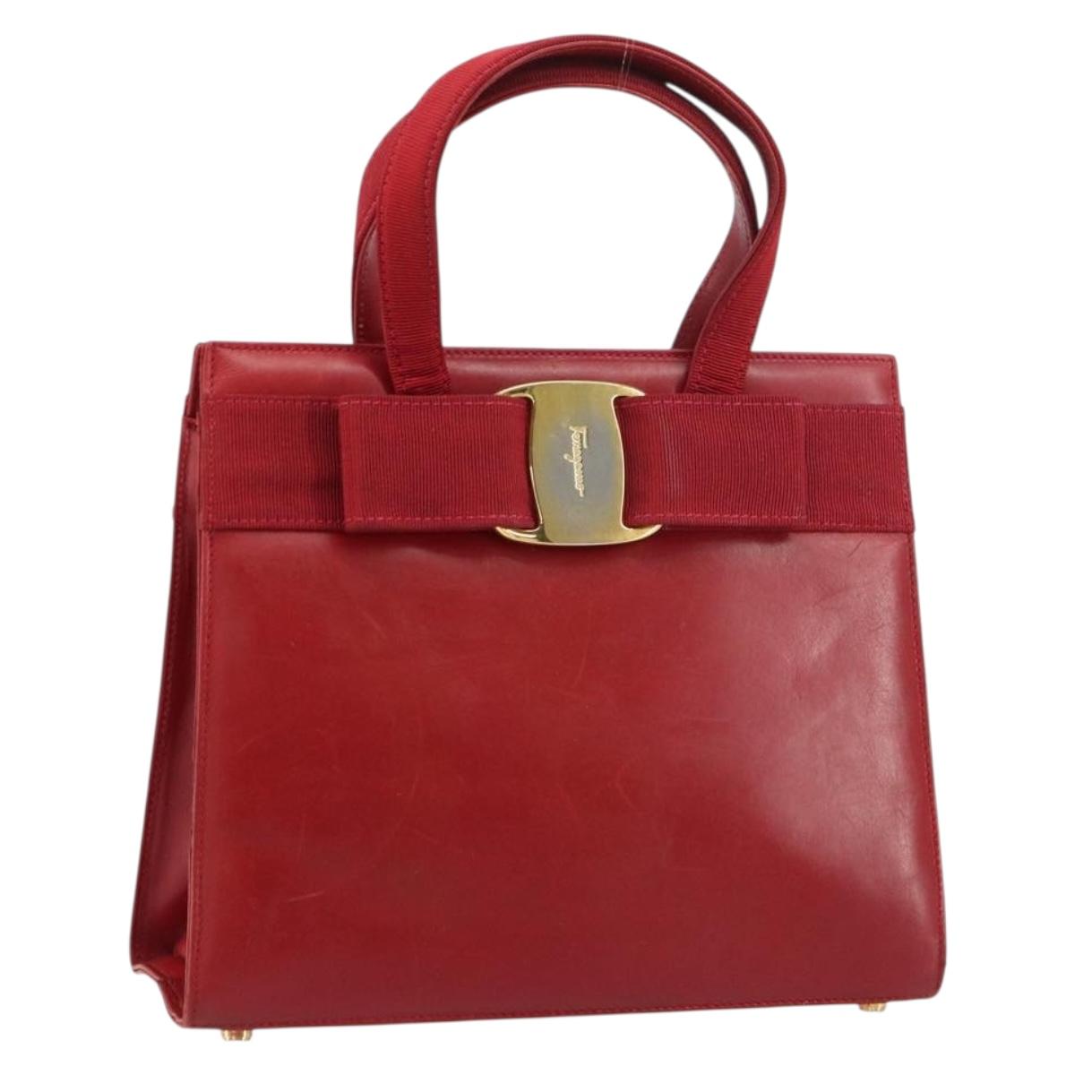 Salvatore Ferragamo Vala Hand Bag Leather Red Gold Auth bs31710