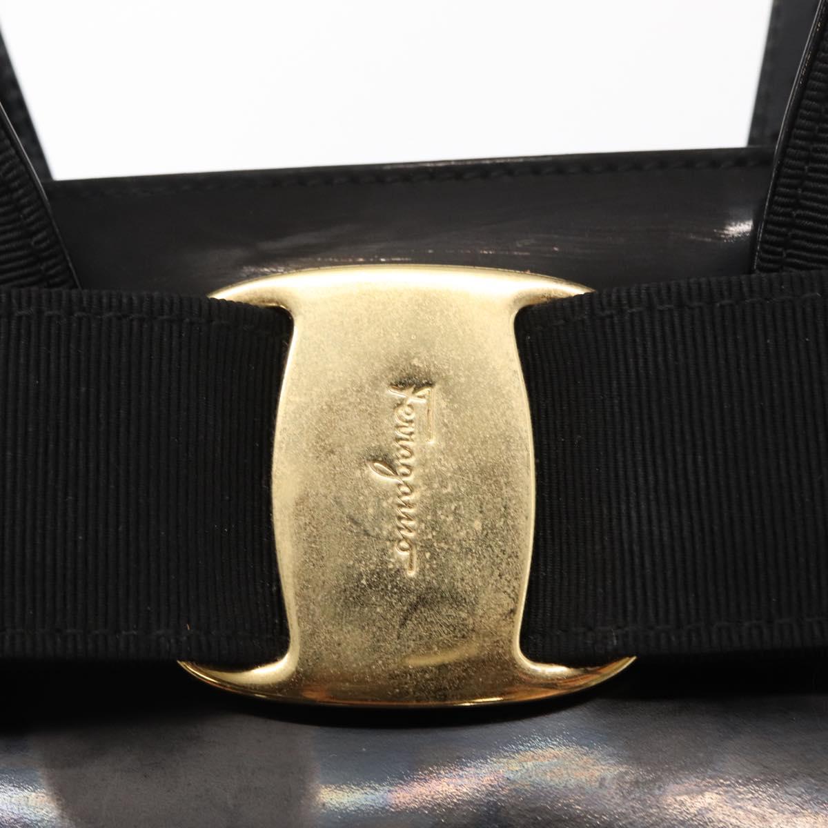 Salvatore Ferragamo Vala Hand Bag Enamel Black Gold Auth bs31711