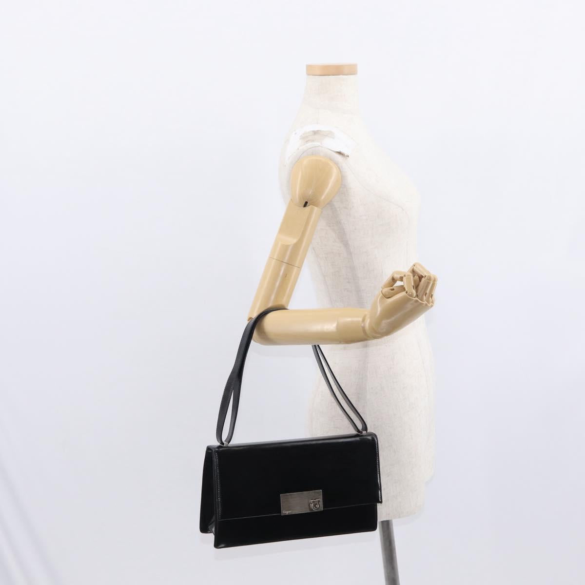 Salvatore Ferragamo Gancini Shoulder Bag Leather Black Silver Auth bs31712