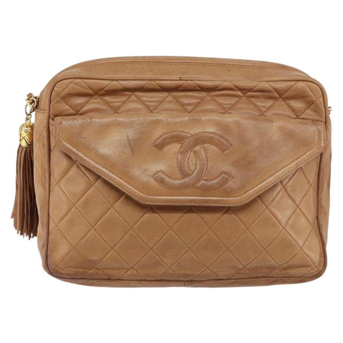 CHANEL Matelasse Fringe Chain Shoulder Bag Lamb Skin Brown Gold CC Auth bs31725